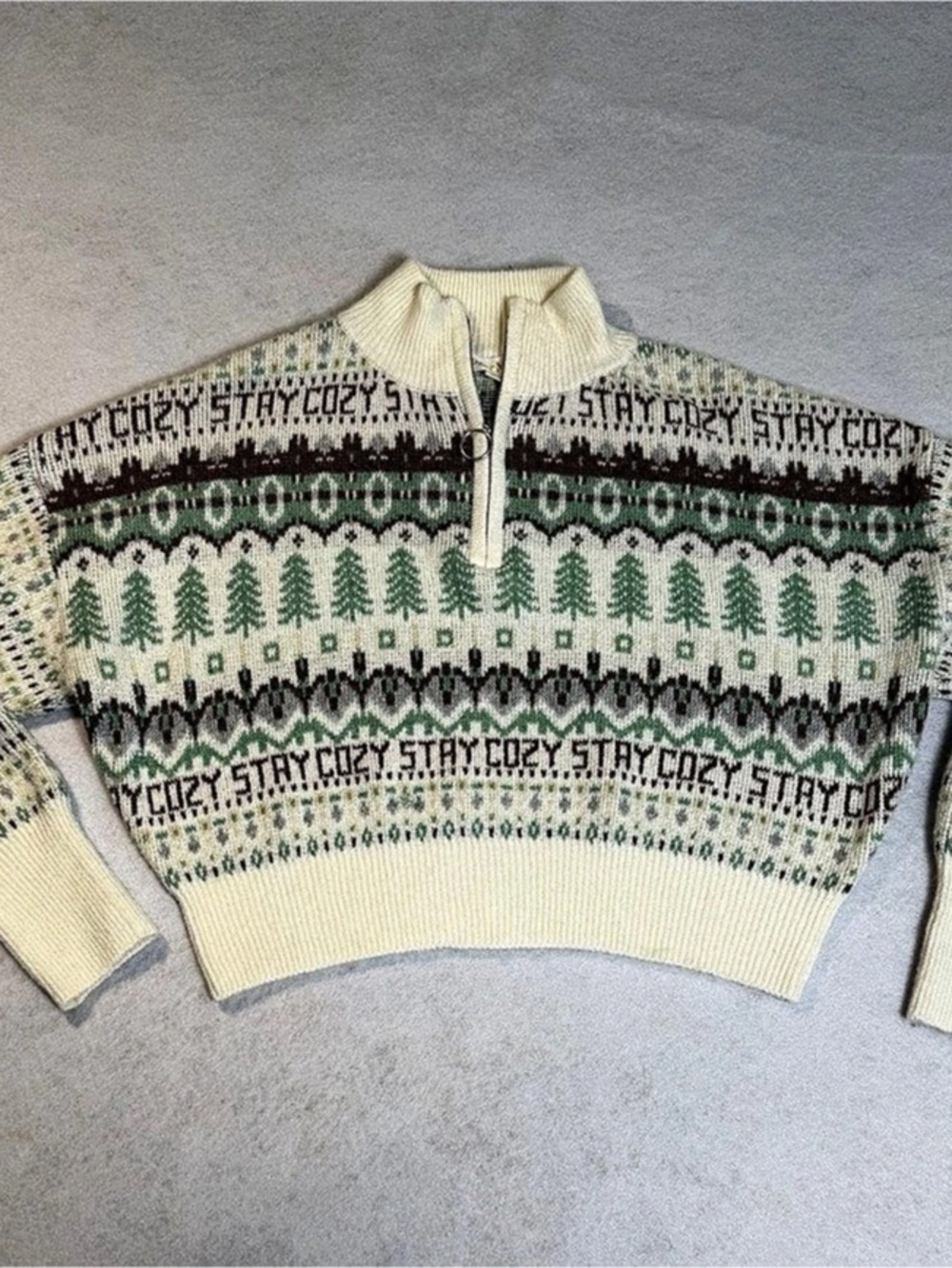 Stay Cozy White Stay Cozy Pullover Sweater Fair Isle Quarter-Zip Sweater Size M